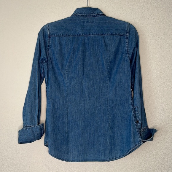 Banana Republic Shirt Riley Blue Jean Asymmetric Ruffle Button Down Fitted Sz 0 - Picture 3 of 5